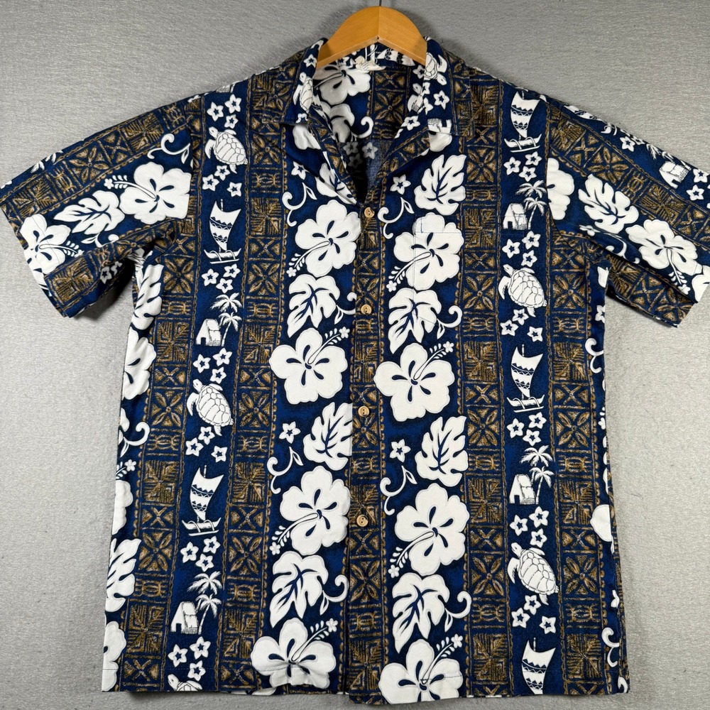 Aloha Republic Mens Large Hawaiian Shirt Navy Blue Cotton Sea Turtle Hibiscus